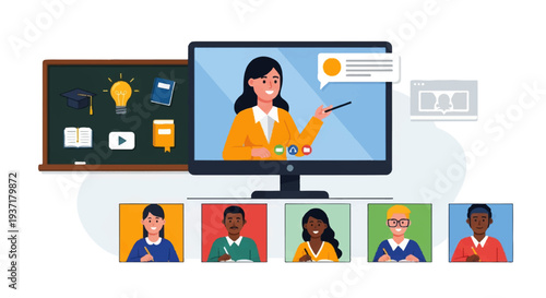 Online Education Concept with Female Teacher Hosting Video Conference for Students
