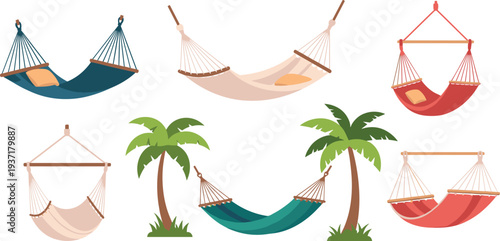 Relaxing Hammock Collection with Palm Trees Outdoor Camping and Garden Hammocks Flat Vector Illustration