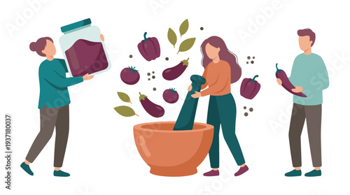 Illustration of people making homemade preserves with fresh vegetables and mortar