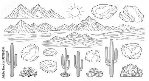 Desert Landscape Elements Hand Drawn Sketch Style.