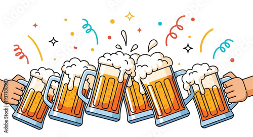 Hands holding many beer mugs clinking together celebrating with confetti.