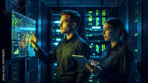 IT professionals collaborate on advanced data management in a secure server room, utilizing holographic interfaces and digital tablets for system optimization and network security