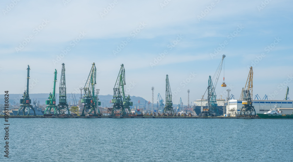 Obraz premium Industrial sea port panorama featuring rows of tall cargo cranes, docks, and ships under a clear sky. Busy maritime logistics and commercial shipping infrastructure