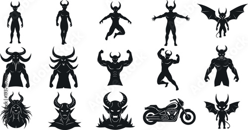 Devil silhouette vector icons set with horn monster, demon character, winged gargoyle, muscular satanic spirit, evil creature, dark fantasy, motorcycle, occult myth, spooky halloween