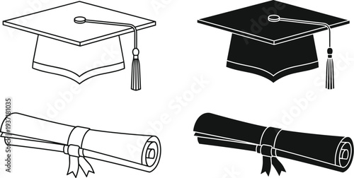 Graduation cap and diploma vector icons set with mortarboard hat, academic degree certificate, university education achievement, school finish celebration, student success, knowledge, high school