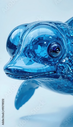 Stylized Glass Dolphin Sculpture in Bright Blue Color Reflecting Light and Artwork Details