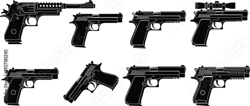 Handgun pistol weapon vector icons set with various firearm models, semi automatic gun silhouette, tactical security equipment, shooting range gear, self defense protection, armory