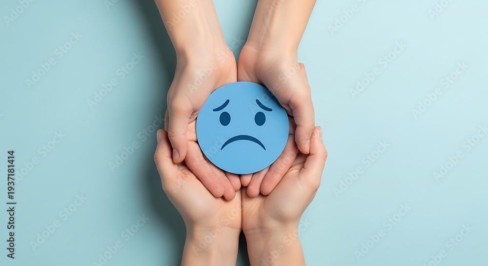 Naklejka premium hands holding a blue frowning face emoticon symbol
