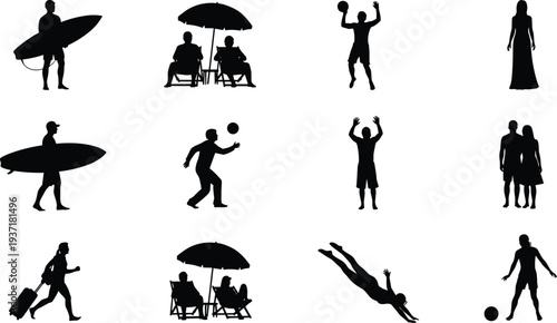 Set of beach people silhouettes, summer vacation activity icons, surfing swimming sunbathing playing volleyball, family travel elements, outdoor leisure figures, coastal lifestyle clipart, holiday.