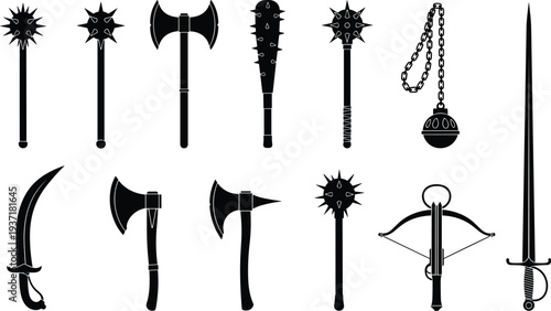 Set of medieval weapon silhouettes, ancient battle equipment icons, knight sword axe mace flail scimitar crossbow club, historical armory elements, fantasy warrior gear, gothic steel.