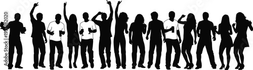 Group Of People Silhouettes Celebrating And Holding Drinks On White Background party