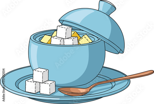  Sugar bowl with cubes and wooden spoon illustration, kitchen tableware container with lid for sweetener storage, classic dining accessory for coffee and tea service in cozy kitchen setting