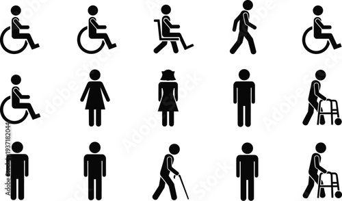 Vector icon set of accessibility symbols featuring wheelchair users, elderly people with walkers, canes, men, women, and disabled figures for inclusive public signage and healthcare