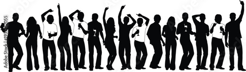 Silhouettes of people dancing and holding drinks at a party or event celebration