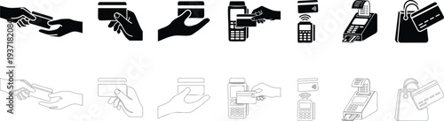 Set of hands with credit cards and payment terminals vector illustration, financial transactions icons