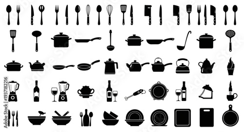Collection of Kitchen Utensils and Cookware Silhouettes.