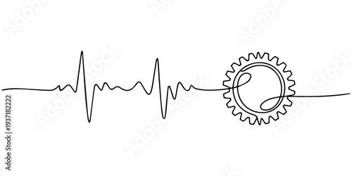 Heartbeat line integrating with gear symbolizing technology and innovation continuous one line drawing, Heartbeat line integrating with gear symbolizing technology and innovation. No editable stroke