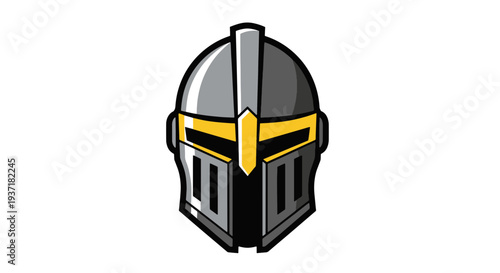 Futuristic Metallic Knight Warrior Helmet Face Mask with Yellow Accents and Dark Gray Armor Plate Details