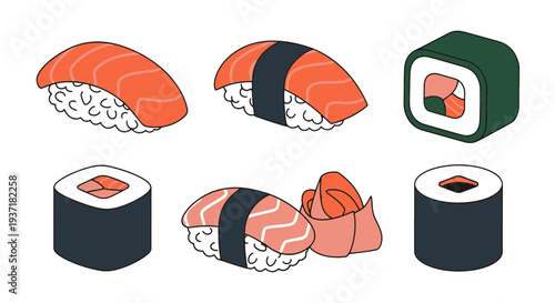 Assortment of Sushi and Maki Rolls with Ginger Delicious Japanese Cuisine Delicacies Displayed from an Isometric Perspective