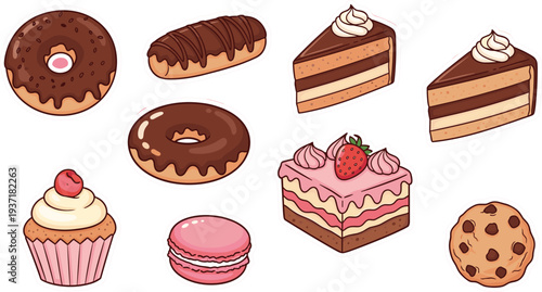 Sweet bakery desserts collection featuring donuts, cupcakes, macarons, cookies, eclair and layered cakes, colorful cartoon pastry illustration set for bakery menu, cafe design, 