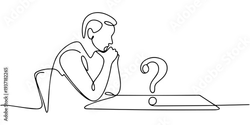 man pondering a question mark on desk continuous one line drawing vector illustration