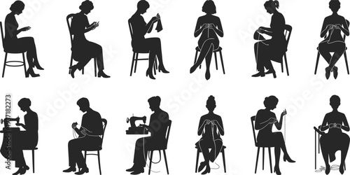 Black Silhouette Vector Set Of Women Sitting On Chairs Sewing With Machines Knitting And Hand Stitching For Crafting Hobbies And Tailoring Design