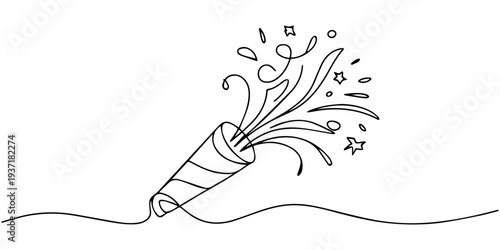 Continuous line drawing of an exploding party popper with confetti and stars Vector, illustration, A party popper explodes with colorful confetti and streamers in a festive celebration atmosphere