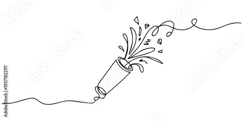Continuous line drawing of an exploding party popper with confetti and stars Vector, illustration, A party popper explodes with colorful confetti and streamers in a festive celebration atmosphere