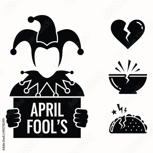 April fools day silhouette graphic with jester and broken items