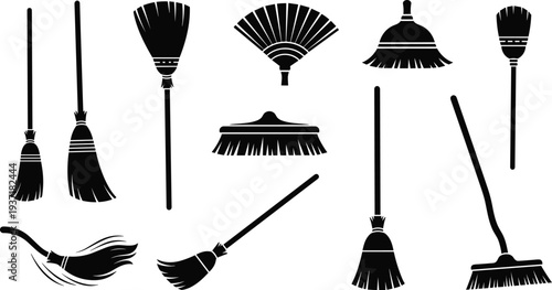 Vector silhouette collection of various cleaning brooms featuring witch broomstick styles, household floor brushes, industrial sweepers, and decorative straw whisks for domestic chore icons