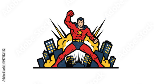Dynamic Comic Book Superhero Fist pumping Triumphantly Above a City Skyline with Explosive Bursts