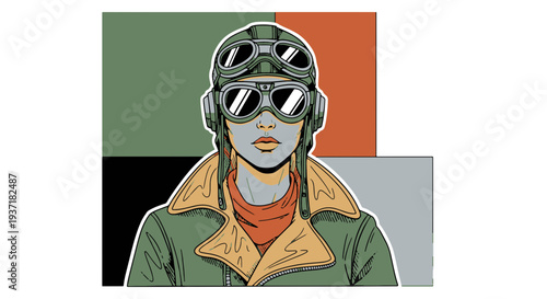 Retro Pilot Character with Goggles and Bomber Jacket Vintage Aviation Stylized Portrait of Aviator with Scarf and Helmet