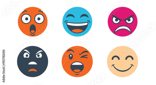 Six Distinct Cartoon Faces Depicting Various Emotions Like Surprise Laughter Anger Sadness and Excitement in a Flat Design Style Arranged in Two Rows