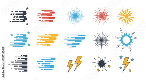 Dynamic Comic Book Style Speed Lines Lightning Bolts and Starburst Bursts Representing Motion Energy and Impact in Vibrant Colors