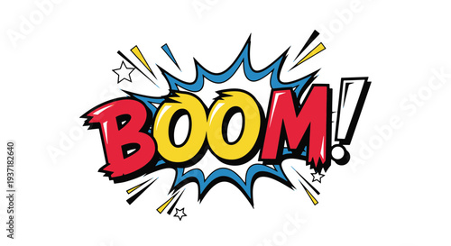 Explosive Comic Book Style Boom Word Art with Stars and Energy Bursts on White