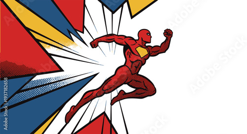 Dynamic Red Superhero Running with Explosive Geometric Shapes and Halftone Dots Bursting Outwards in a Comic Book Style