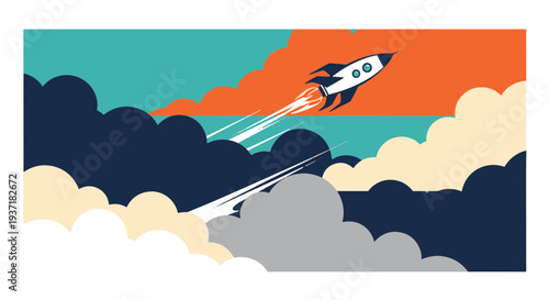 Retro Dark Blue Rocket Blasting Off Through Colorful Clouds Against a Bright Sky and Horizon