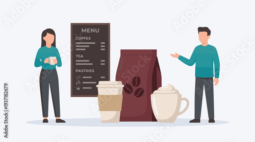 Cafe scene with a woman, man, menu board, coffee, tea, and pastries