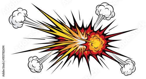Explosive Comic Book Style Blast with Bright Yellow Orange and Red Colors and Smoke Puffs on White Background
