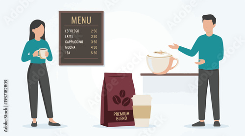 Two people in a cafe setting with a menu and coffee products