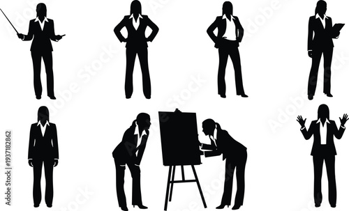 Vector silhouette set of professional business women in formal suits featuring office poses like presenting with pointer, standing confidently, and working at flipchart easel