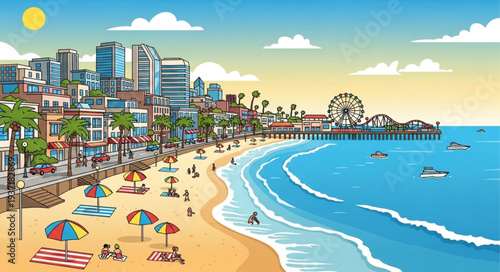 Vibrant Beach Scene with Sunbathers and Pier.