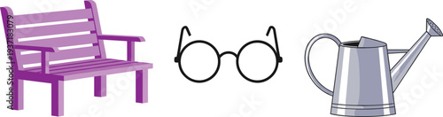 Garden lifestyle vector set with purple park bench silver watering can and eyeglasses for outdoor hobby illustrations