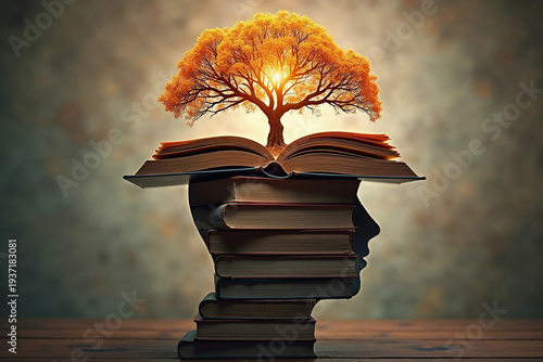 Wallpaper Mural Surreal Art of a Tree of Knowledge Growing from a Book Stack in a Head Silhouette Torontodigital.ca