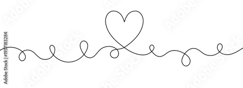 Horizontal continuous line with heart in the center on white background. Minimal romantic doodle line. Simple vector flourish for wedding design.
