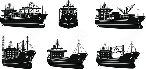 cargo ship silhouettes set, container vessel maritime transport collection, freight shipping boats, harbor logistics cargo ships vector illustration