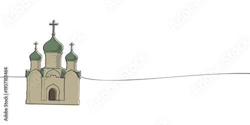 Illustration of a Christian church with domed towers and crosses, symbolizing faith, worship, religion, spirituality, and sacred architecture.