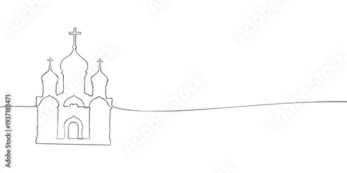 Minimal line illustration of a Christian church with domes and crosses, symbolizing faith, worship, prayer, and religious architecture.