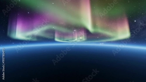 Spectacular Aurora Borealis lights dancing above the Earth, with stars and colorful sky.