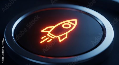 Neon orange glowing rocket ship icon on a button  startup and launch concept